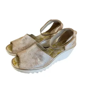 FLY London Shoes Size 11 Perforated Leather Sandals Wedge Heel Yake Gold