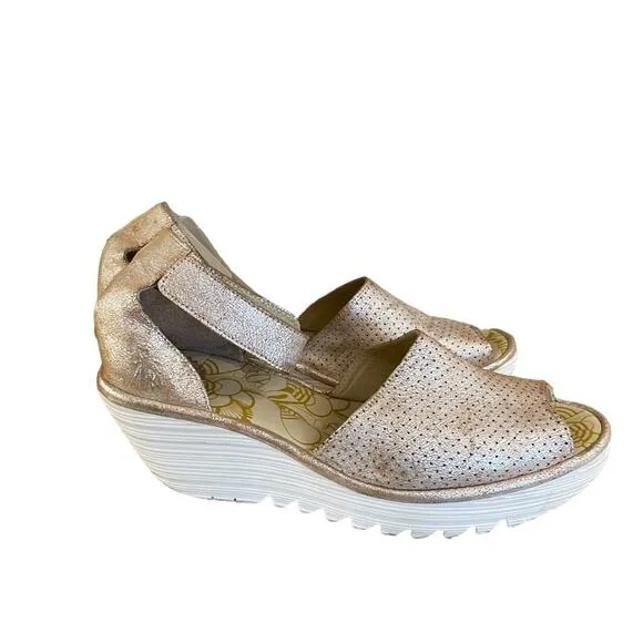 FLY London Shoes Size 11 Perforated Leather Sandals Wedge Heel Yake Gold