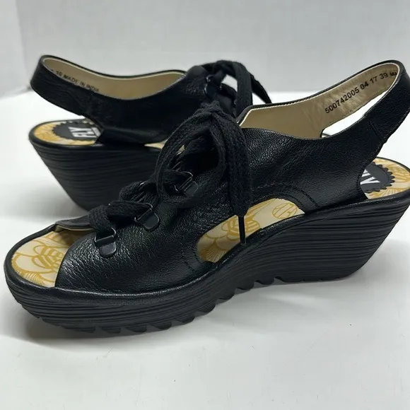 Fly London Ylva High Heel Wedges Wedged Sandals Open Toe Leather Black Size 39 8