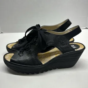 Fly London Ylva High Heel Wedges Wedged Sandals Open Toe Leather Black Size 39 8