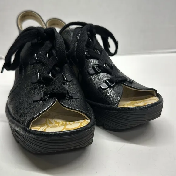 Fly London Ylva High Heel Wedges Wedged Sandals Open Toe Leather Black Size 39 8