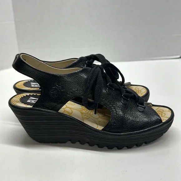 Fly London Ylva High Heel Wedges Wedged Sandals Open Toe Leather Black Size 39 8