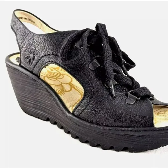 Fly London Ylva High Heel Wedges Wedged Sandals Open Toe Leather Black Size 39 8
