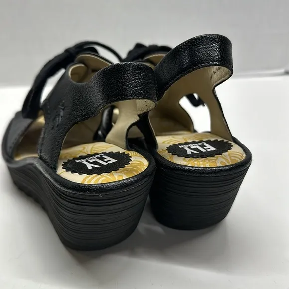 Fly London Ylva High Heel Wedges Wedged Sandals Open Toe Leather Black Size 39 8