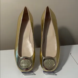 Frances Valentine Gold Heels with Metallic Ornament 1A