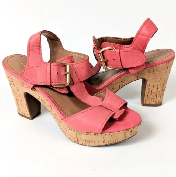 Franco Sarto Fylan T-Strap Leather Sandals Cork Platform Heel Coral size 6 NWOT