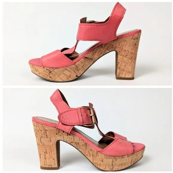 Franco Sarto Fylan T-Strap Leather Sandals Cork Platform Heel Coral size 6 NWOT
