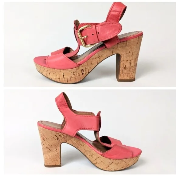 Franco Sarto Fylan T-Strap Leather Sandals Cork Platform Heel Coral size 6 NWOT