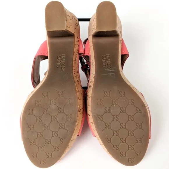 Franco Sarto Fylan T-Strap Leather Sandals Cork Platform Heel Coral size 6 NWOT