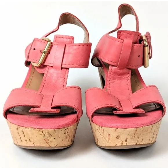 Franco Sarto Fylan T-Strap Leather Sandals Cork Platform Heel Coral size 6 NWOT