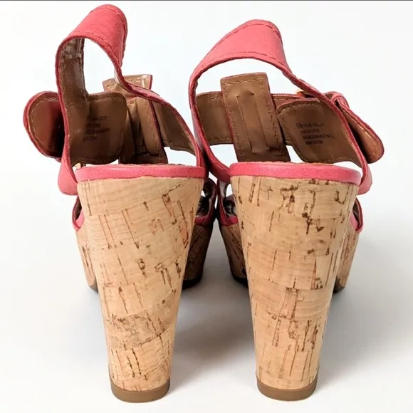 Franco Sarto Fylan T-Strap Leather Sandals Cork Platform Heel Coral size 6 NWOT