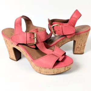 Franco Sarto Fylan T-Strap Leather Sandals Cork Platform Heel Coral size 6 NWOT