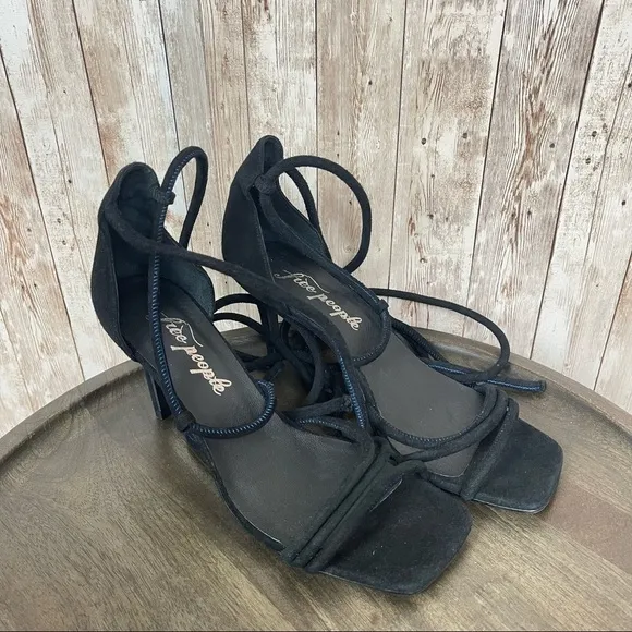 Free People Black Lace Up Suede Heeled Sandal Size EU 41 Women