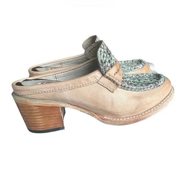 Freebird By Steve Collins All Leather Green Snake Skin Print Clog Mules