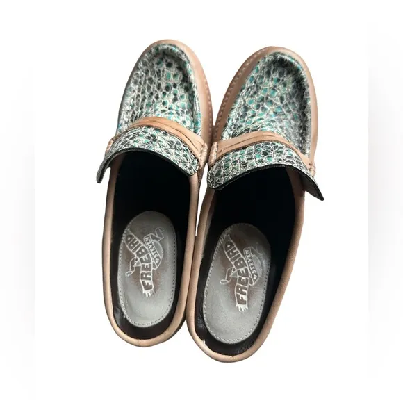 Freebird By Steve Collins All Leather Green Snake Skin Print Clog Mules
