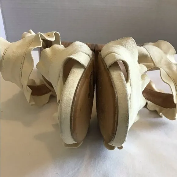 Free People Beige Rosie Mule Heel Slip On Ruffle Block Heel Sandal Size 40