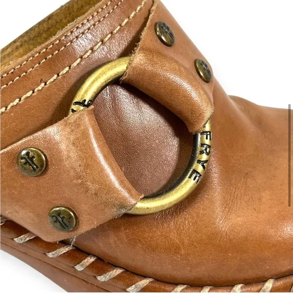Frye Charlotte Harness Studded Cognac Leather Mules Clog Buckle Shoes Tan Size 6