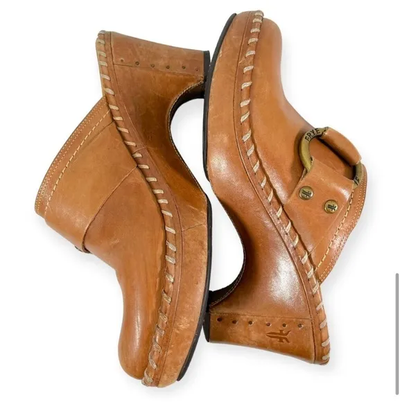 Frye Charlotte Harness Studded Cognac Leather Mules Clog Buckle Shoes Tan Size 6