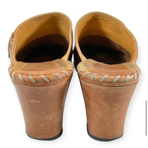 Frye Charlotte Harness Studded Cognac Leather Mules Clog Buckle Shoes Tan Size 6