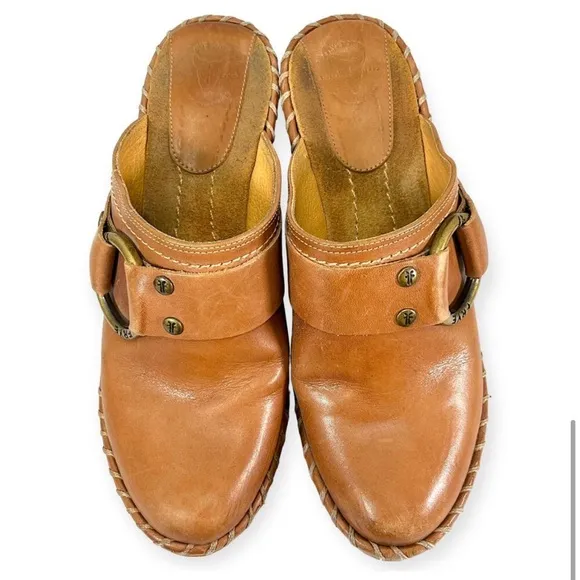 Frye Charlotte Harness Studded Cognac Leather Mules Clog Buckle Shoes Tan Size 6