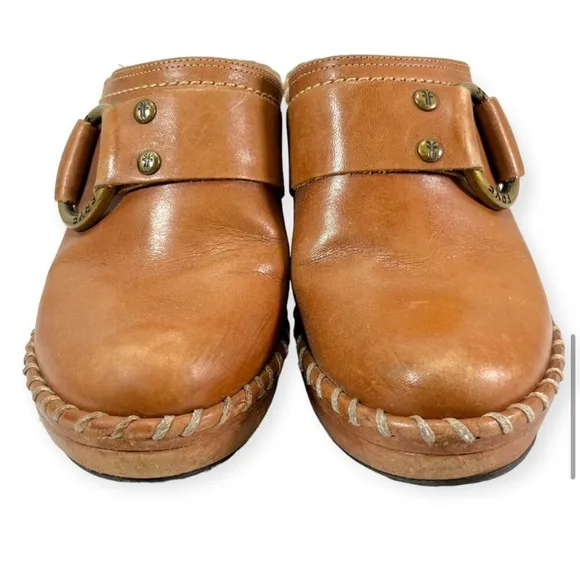 Frye Charlotte Harness Studded Cognac Leather Mules Clog Buckle Shoes Tan Size 6