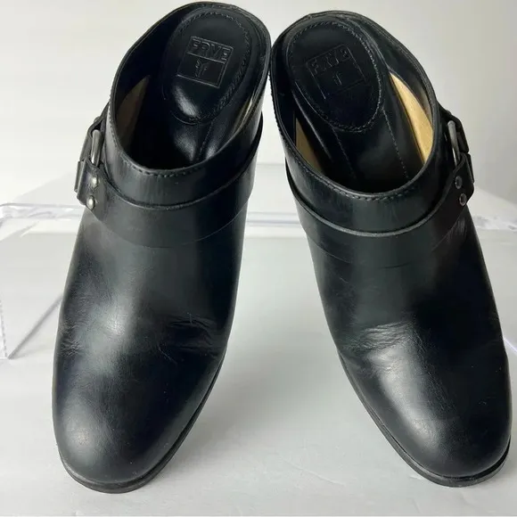 FRYE Laurie Harness Black Leather High Heel Mules Size 8.5