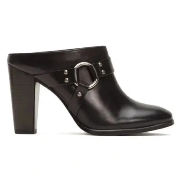 FRYE Laurie Harness Black Leather High Heel Mules Size 8.5
