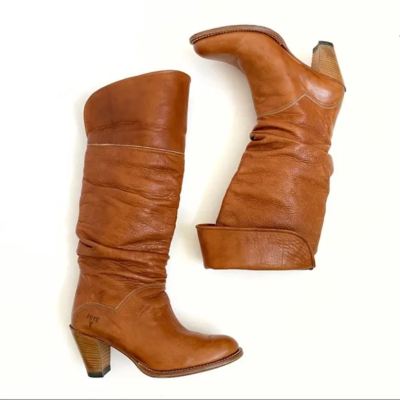 Frye tan slouchy chunky heel knee high tall boots