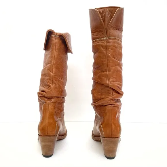 Frye tan slouchy chunky heel knee high tall boots
