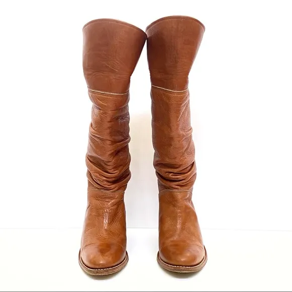 Frye tan slouchy chunky heel knee high tall boots