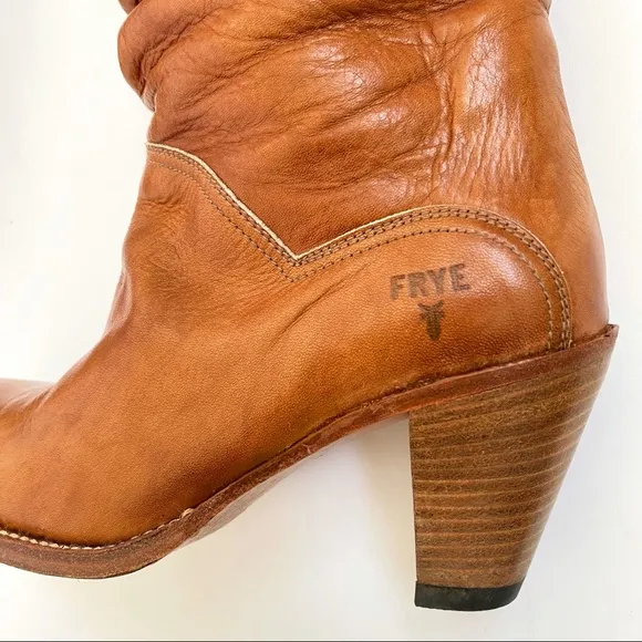 Frye tan slouchy chunky heel knee high tall boots