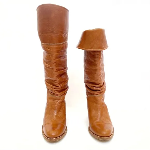 Frye tan slouchy chunky heel knee high tall boots