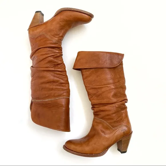 Frye tan slouchy chunky heel knee high tall boots