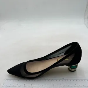 FSJ Black Mesh Bridal Pointed Toe Chunky Low Heel Crystal Slip on Wedding Pumps