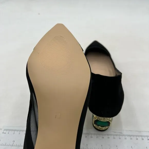 FSJ Black Mesh Bridal Pointed Toe Chunky Low Heel Crystal Slip on Wedding Pumps