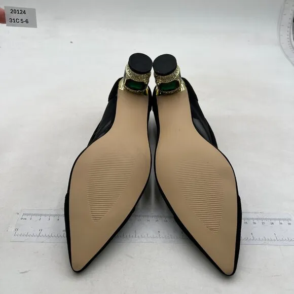 FSJ Black Mesh Bridal Pointed Toe Chunky Low Heel Crystal Slip on Wedding Pumps