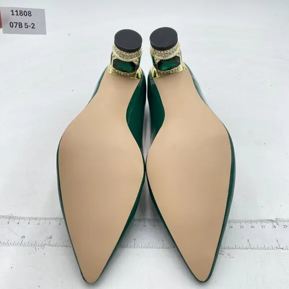 FSJ Dark Green Bridal Pointed Toe Chunky Low Heel Crystal Pumps Slip on Shoes