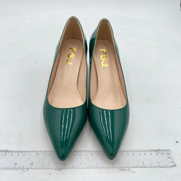FSJ Dark Green Bridal Pointed Toe Chunky Low Heel Crystal Pumps Slip on Shoes