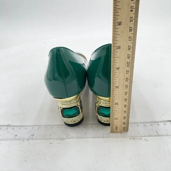 FSJ Dark Green Bridal Pointed Toe Chunky Low Heel Crystal Pumps Slip on Shoes