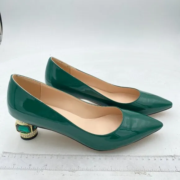 FSJ Dark Green Bridal Pointed Toe Chunky Low Heel Crystal Pumps Slip on Shoes