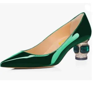 FSJ Dark Green Bridal Pointed Toe Chunky Low Heel Crystal Pumps Slip on Shoes