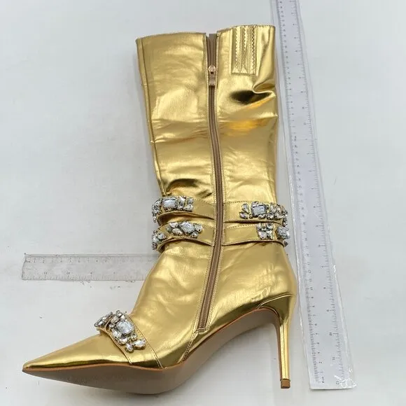 FSJ Gold Rhinestone Crystal Knee High Boot Pointed Toe Stiletto Heel Zipper Boot