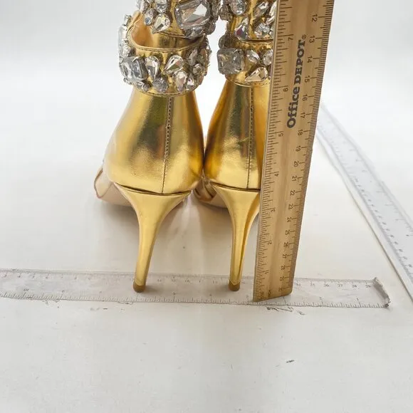 FSJ Gold Rhinestone Crystal Knee High Boot Pointed Toe Stiletto Heel Zipper Boot
