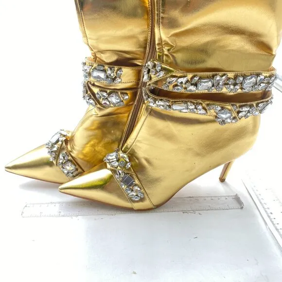 FSJ Gold Rhinestone Crystal Knee High Boot Pointed Toe Stiletto Heel Zipper Boot