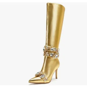 FSJ Gold Rhinestone Crystal Knee High Boot Pointed Toe Stiletto Heel Zipper Boot