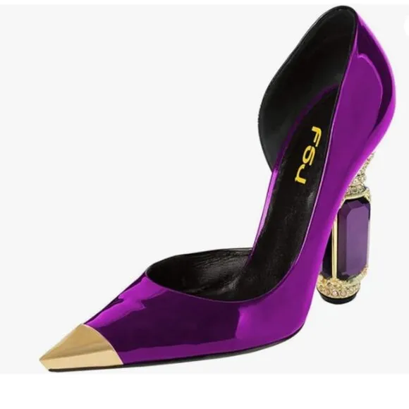 FSJ Purple Bridal Pointed Toe Chunky High Heel Crystal Pump Slip on Wedding Shoe