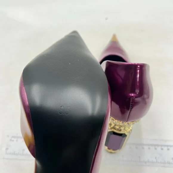 FSJ Purple Bridal Pointed Toe Chunky High Heel Crystal Pump Slip on Wedding Shoe