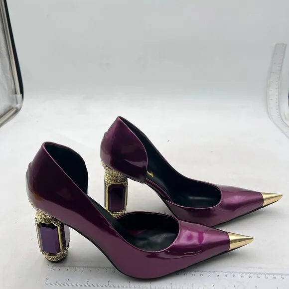 FSJ Purple Bridal Pointed Toe Chunky High Heel Crystal Pump Slip on Wedding Shoe