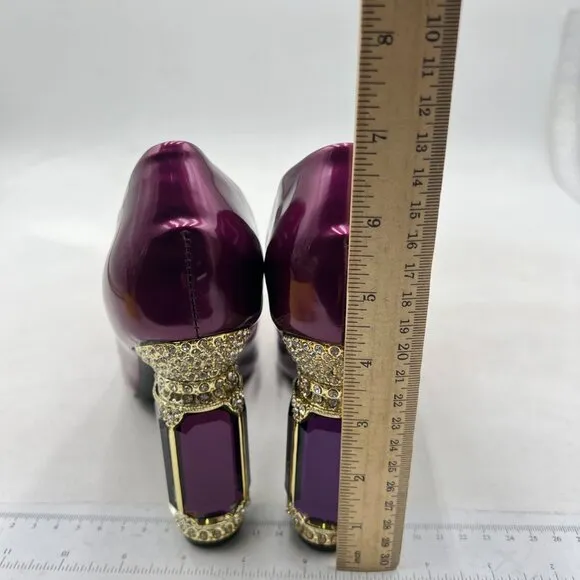 FSJ Purple Bridal Pointed Toe Chunky High Heel Crystal Pump Slip on Wedding Shoe