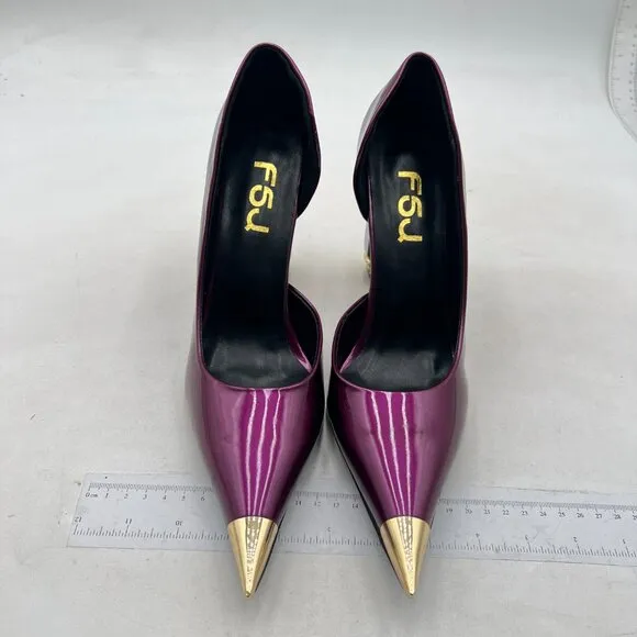 FSJ Purple Bridal Pointed Toe Chunky High Heel Crystal Pump Slip on Wedding Shoe